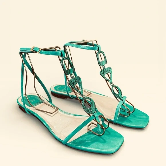 Christian Dior Green Strappy Leather Flat T Strap Thong Sandals - Size 38 US 8 - Picture 3 of 11